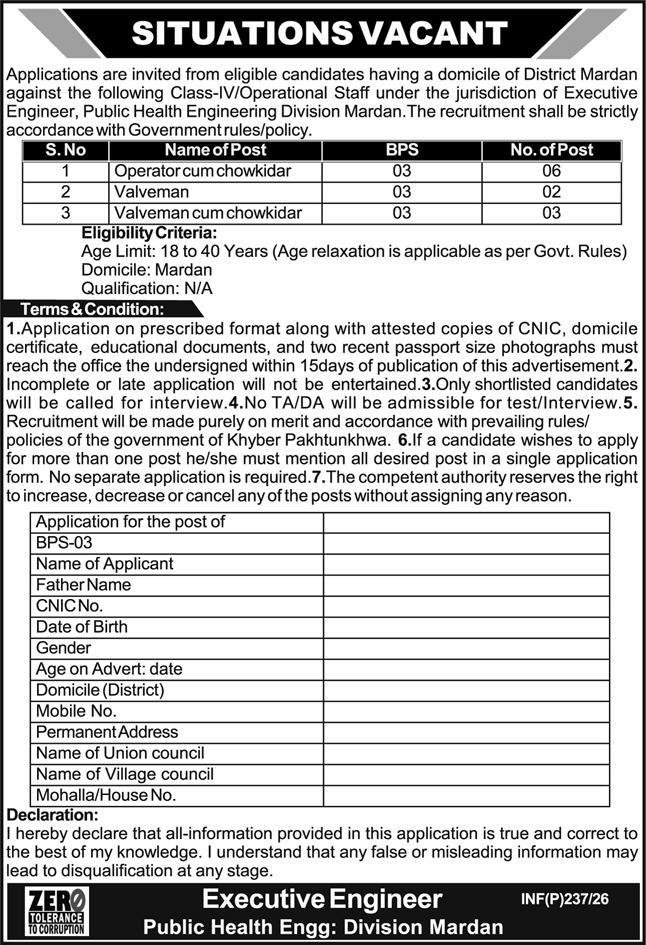 Public Health Engineering Division PHED Mardan Jobs 2026 – Public Health Engineering Department KPK Jobs 2026 — original advertisement