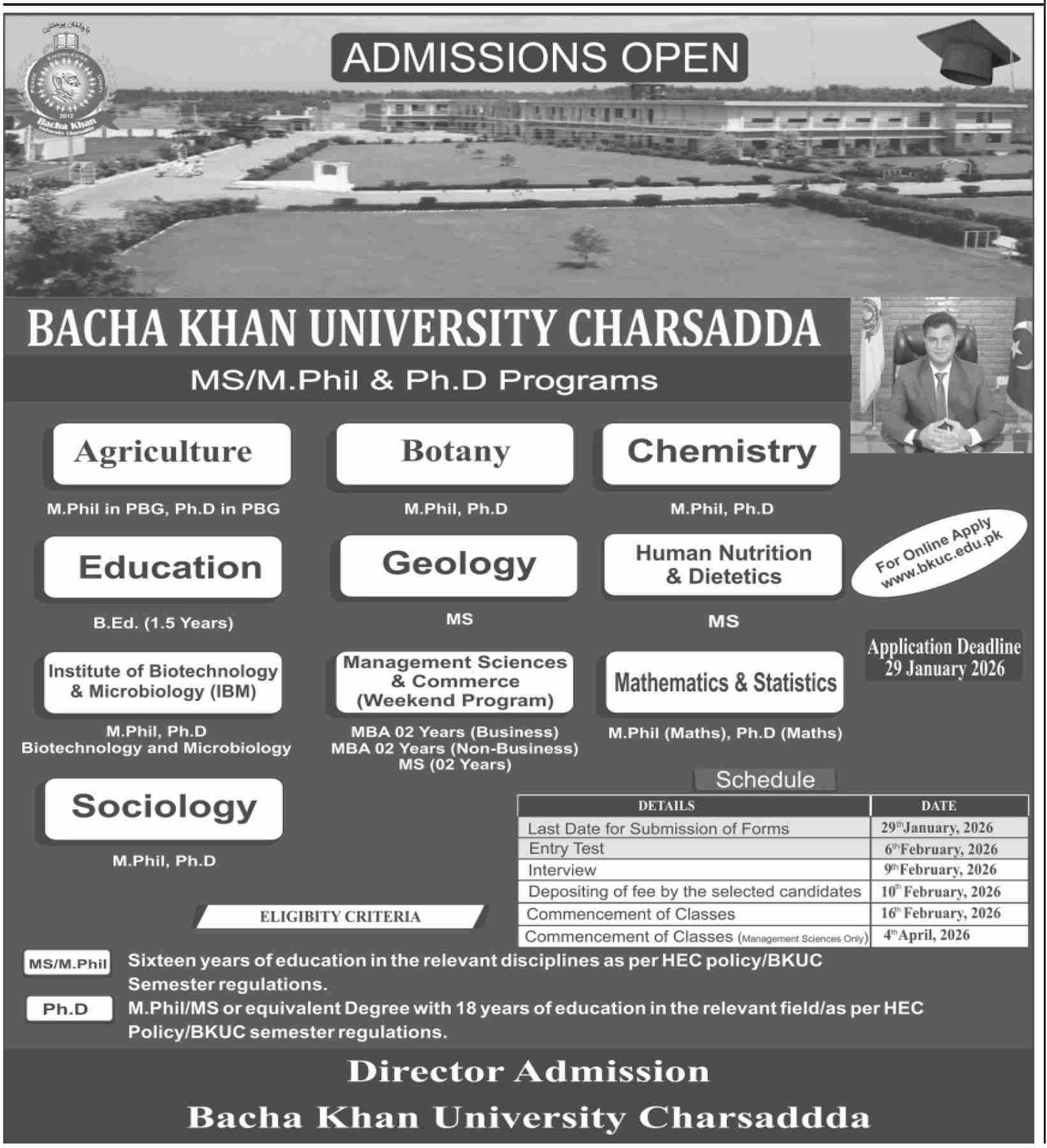 Admission Open in Bacha Khan University Charsadda 2026 – Bacha Khan University Charsada Admissions 2026 — original advertisement