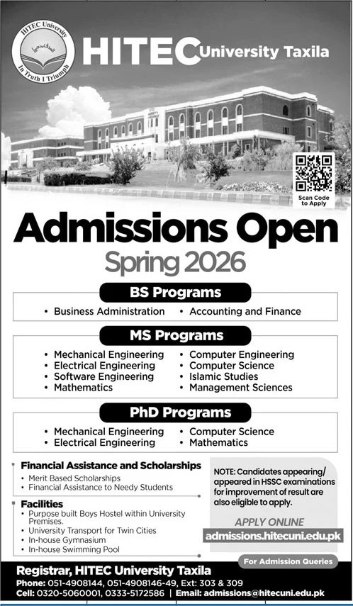 Admission Open in Hitec University Taxila Punjab 2026 Admissions 2026 — original advertisement