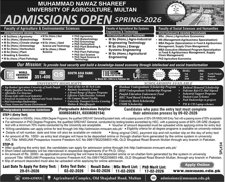 Admission Open in Muhammad Nawaz Sharif Univesity 2026 – MNS-University of Agriculture, Multan. Admissions 2026 — original advertisement