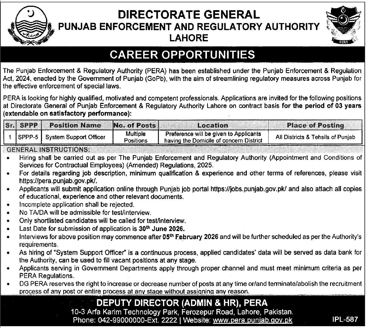 Punjab Enforcement And Regulatory Authority Jobs 2026 – Public Sector Organization Jobs 2026 — original advertisement