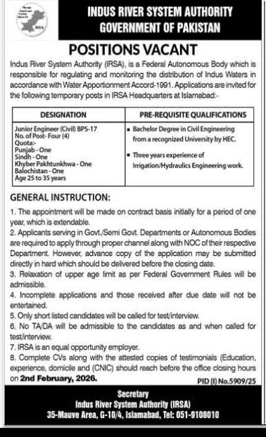 Indus River System Authority IRSA Islamabad Jobs 2026 Jobs 2026 — original advertisement
