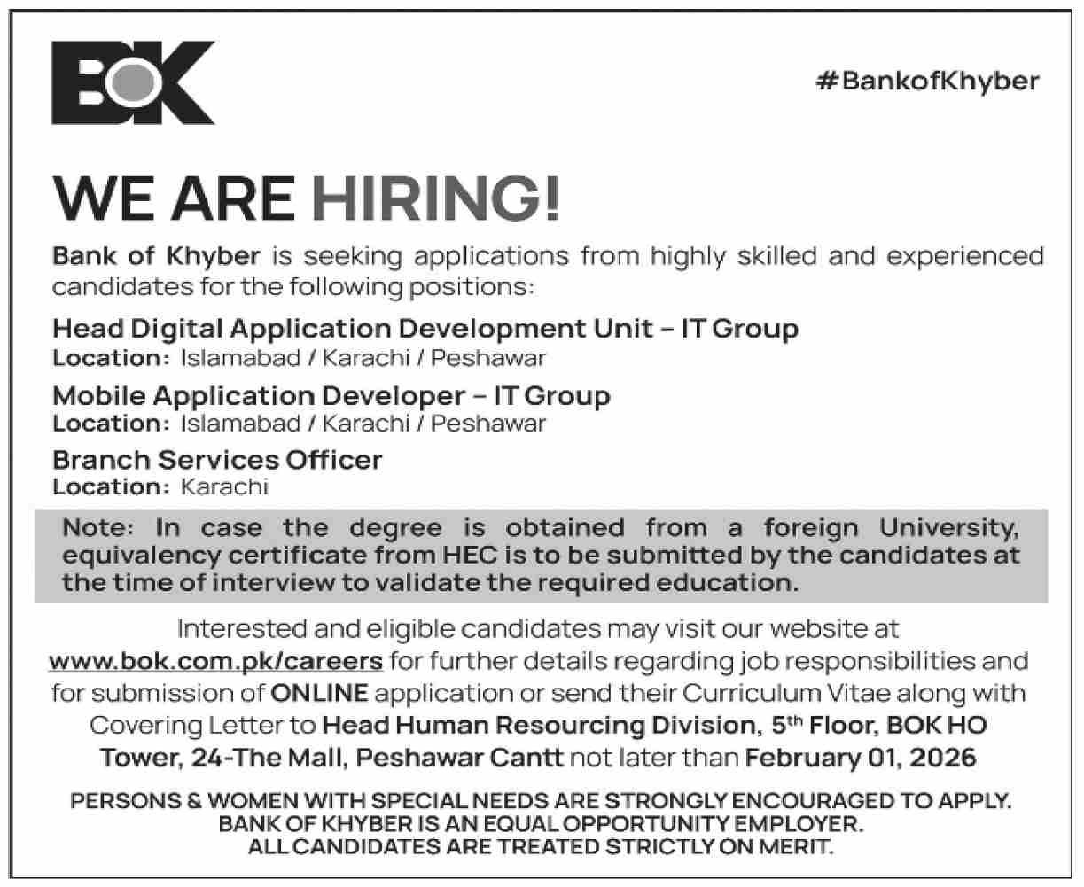 The Bank of Khyber BOK Peshawar Jobs 2026 Jobs 2026 — original advertisement