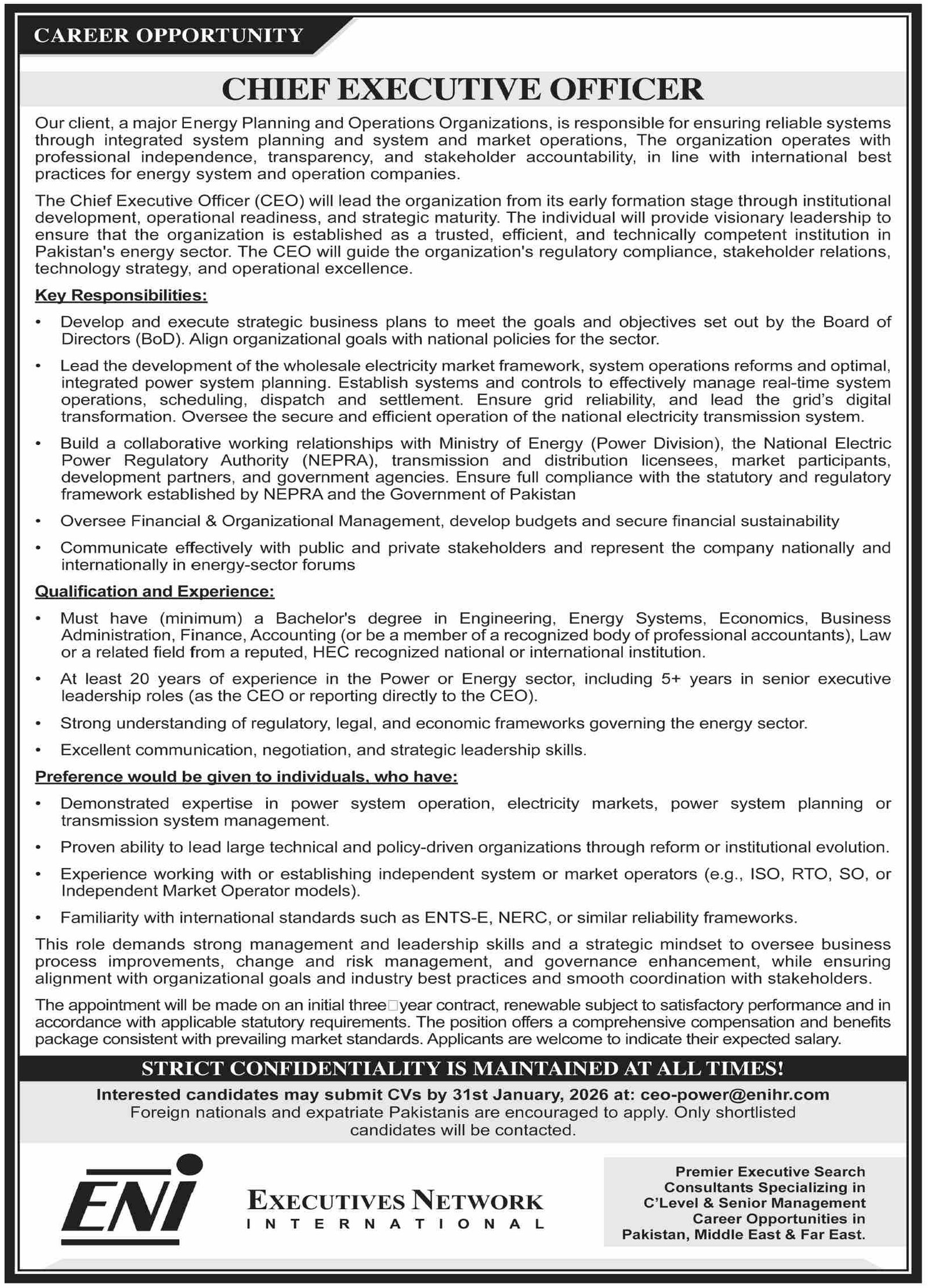 Executive Network International ENI Karachi Jobs 2026 – Public Sector Organization Jobs 2026 — original advertisement