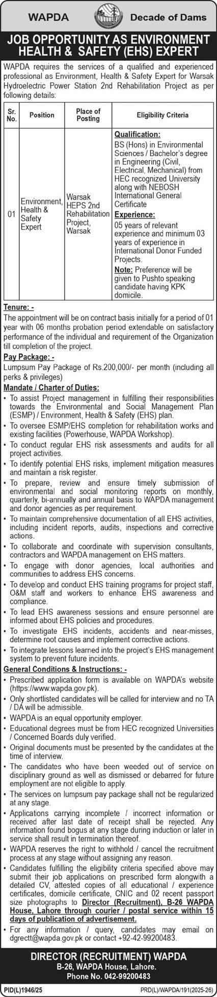 Water and Power Development Authority WAPDA Lahore Jobs 2026 Jobs 2026 — original advertisement