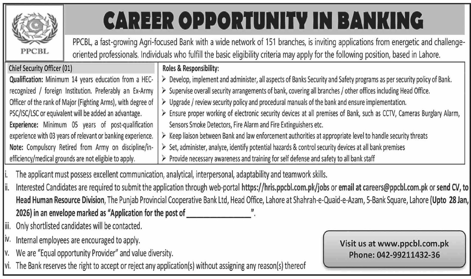 The Punjab Provincial Cooperative Bank Ltd PPCBL Lahore Jobs Jobs 2026 — original advertisement