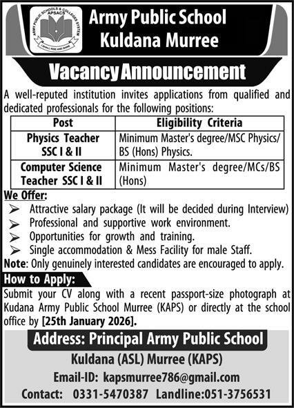 Army Public School Kuldana Murree Jobs 2026 – Army Public School & College Paksitan Jobs 2026 — original advertisement
