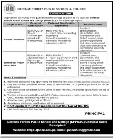 Defense Forces Public School & College Rawalpindi Jobs 2026 – Public Sector Organization Jobs 2026 — original advertisement