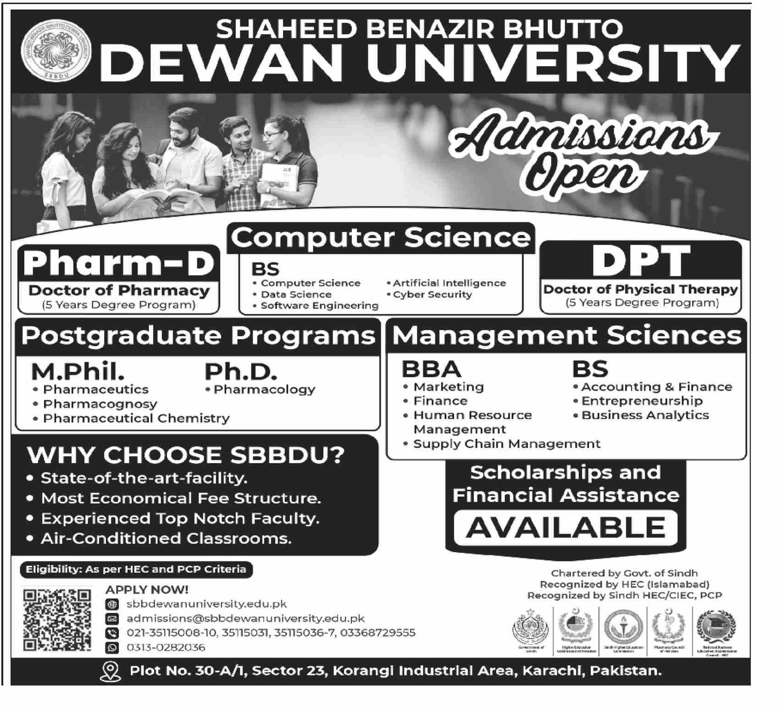 Admission Open in Shaheed Benazir Bhutto Dewan University Admissions 2026 — original advertisement