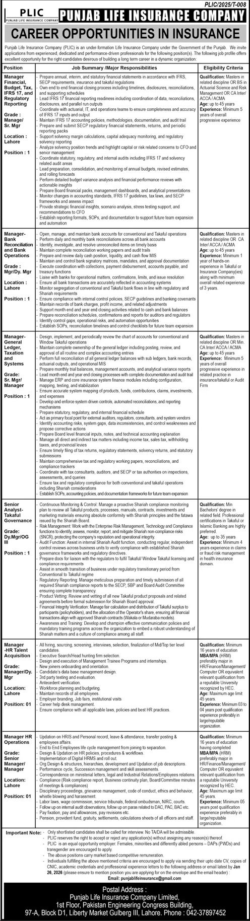 Punjab Life Insurance Company Jobs 2026 – Private Company Jobs 2026 — original advertisement