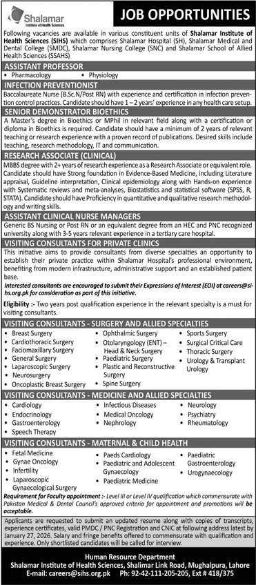 Shalamar Institute of Health Sciences Jobs 2026 Jobs 2026 — original advertisement