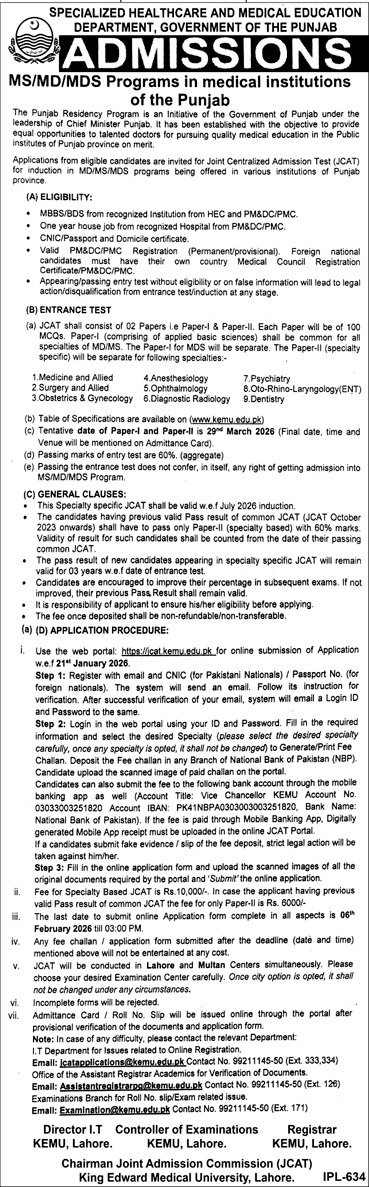 Admission Open in Specilized Healthcare And Medical Educati – Specialized Healthcare And Medical Education Department Lahore Admissions 2026 — original advertisement