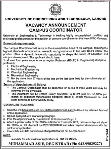 Univesity of Engineering And Technology Lahore 2026 – University of Engineering  & Technology Lahore Jobs 2026 — original advertisement