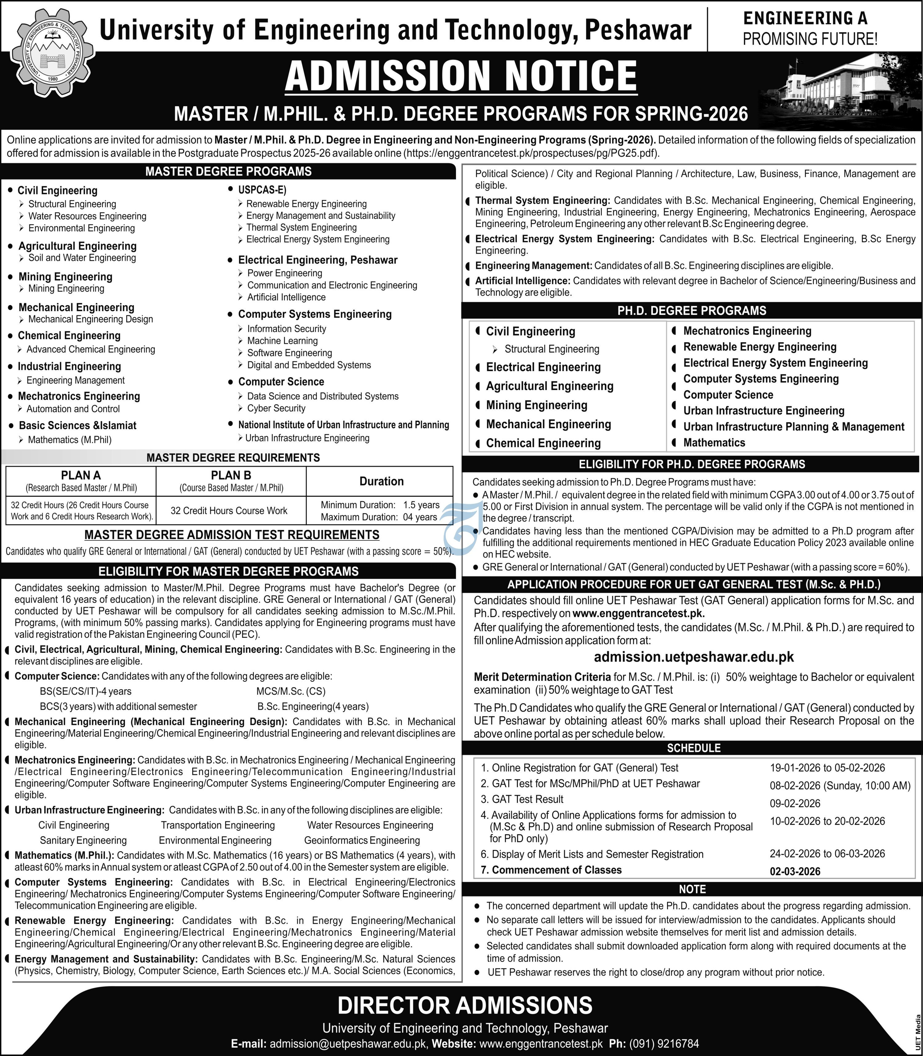 Admission Open in University of Engineering And Technology – University of Engineering and Technology Peshawar Admissions 2026 — original advertisement