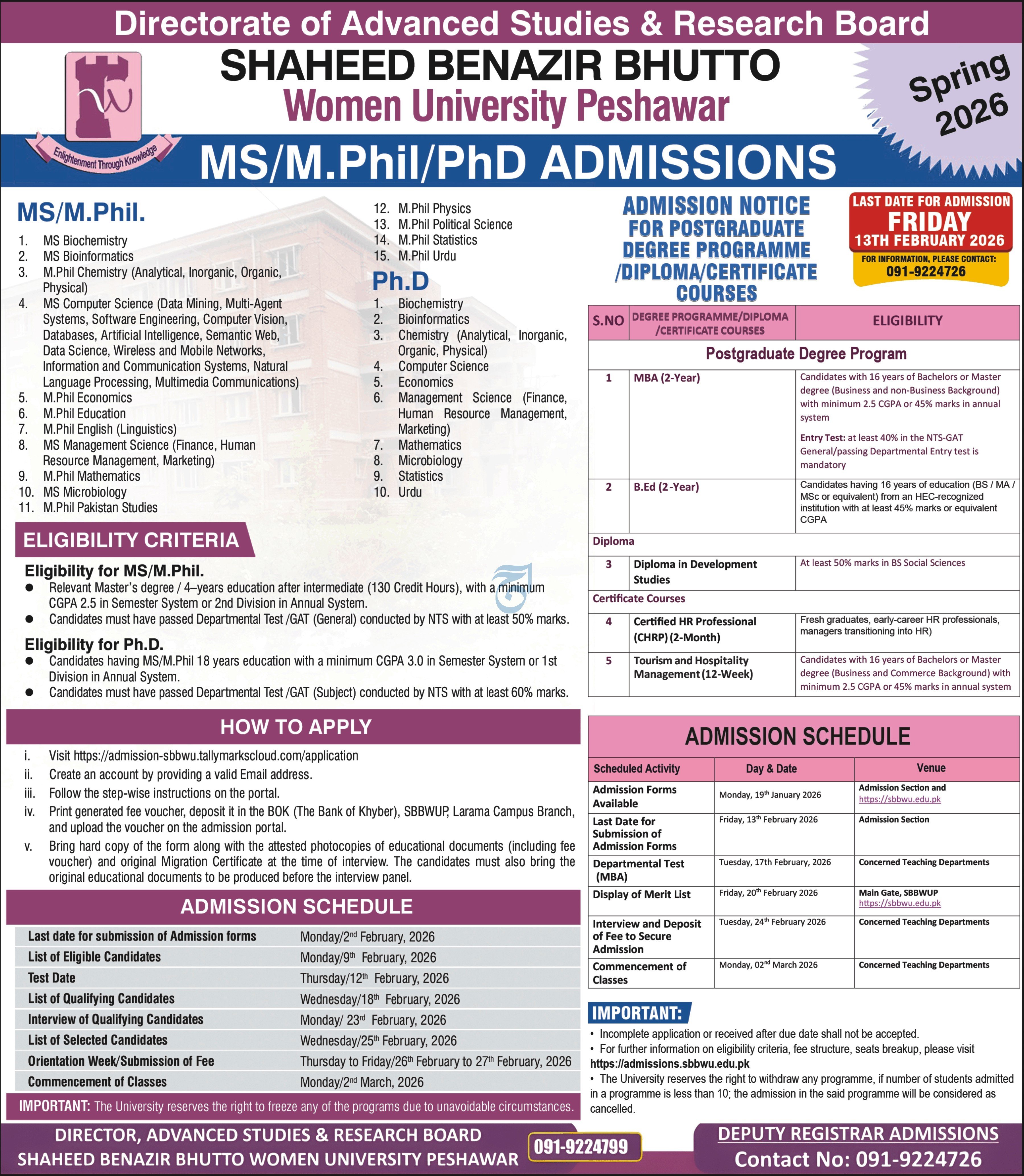 Admission Open in Shaheed Benazir Bhutto Women Univesity 202 – Shaheed Benazir Bhutto Women University Peshawar Admissions 2026 — original advertisement