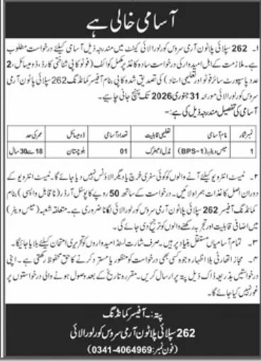 262 Supply Platoon Army Service Corps Loralai Cantt Jobs – Pakistan Army Jobs 2026 — original advertisement