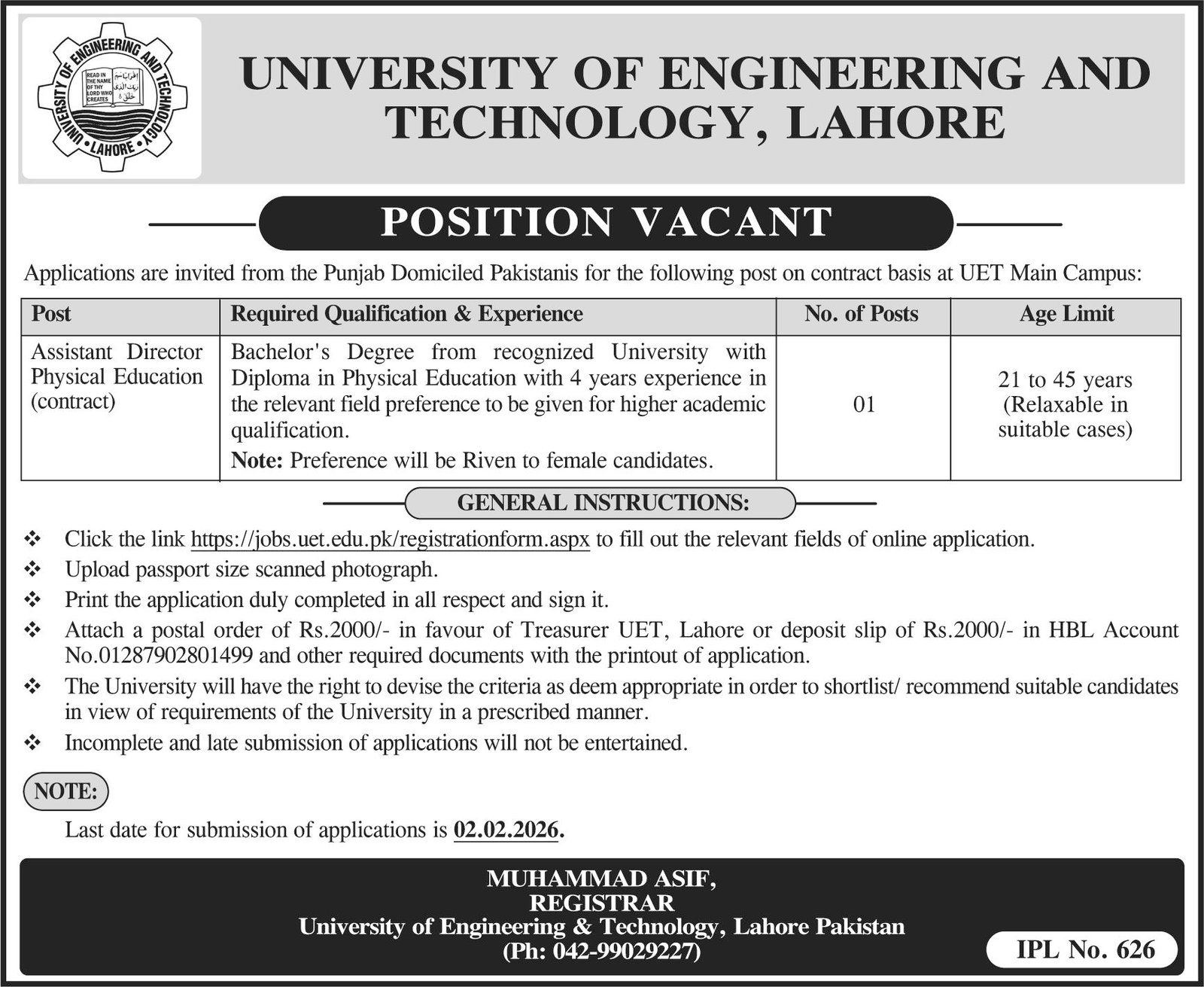 University Of Engineering And Technology Lahore Job 2026 – University of Engineering  & Technology Lahore Jobs 2026 — original advertisement