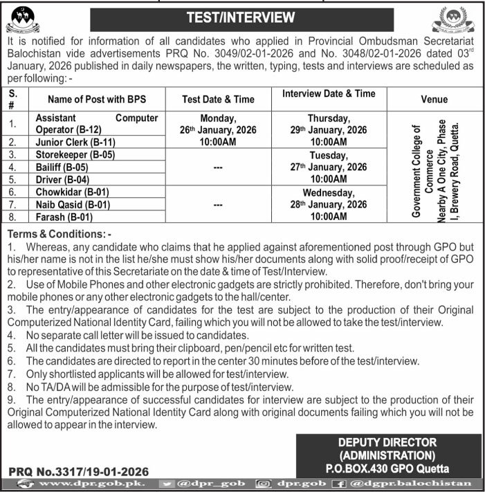 Provincial Ombudsman Secretariat Quetta Jobs Interview – Provincial Ombudsman Mohtasib Secretariat Balochistan Jobs 2026 — original advertisement