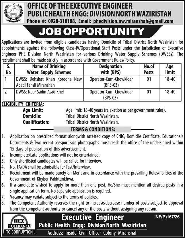 Public Health Engineering Division Waziristan Job 2026 – Public Health Engineering Department KPK Jobs 2026 — original advertisement