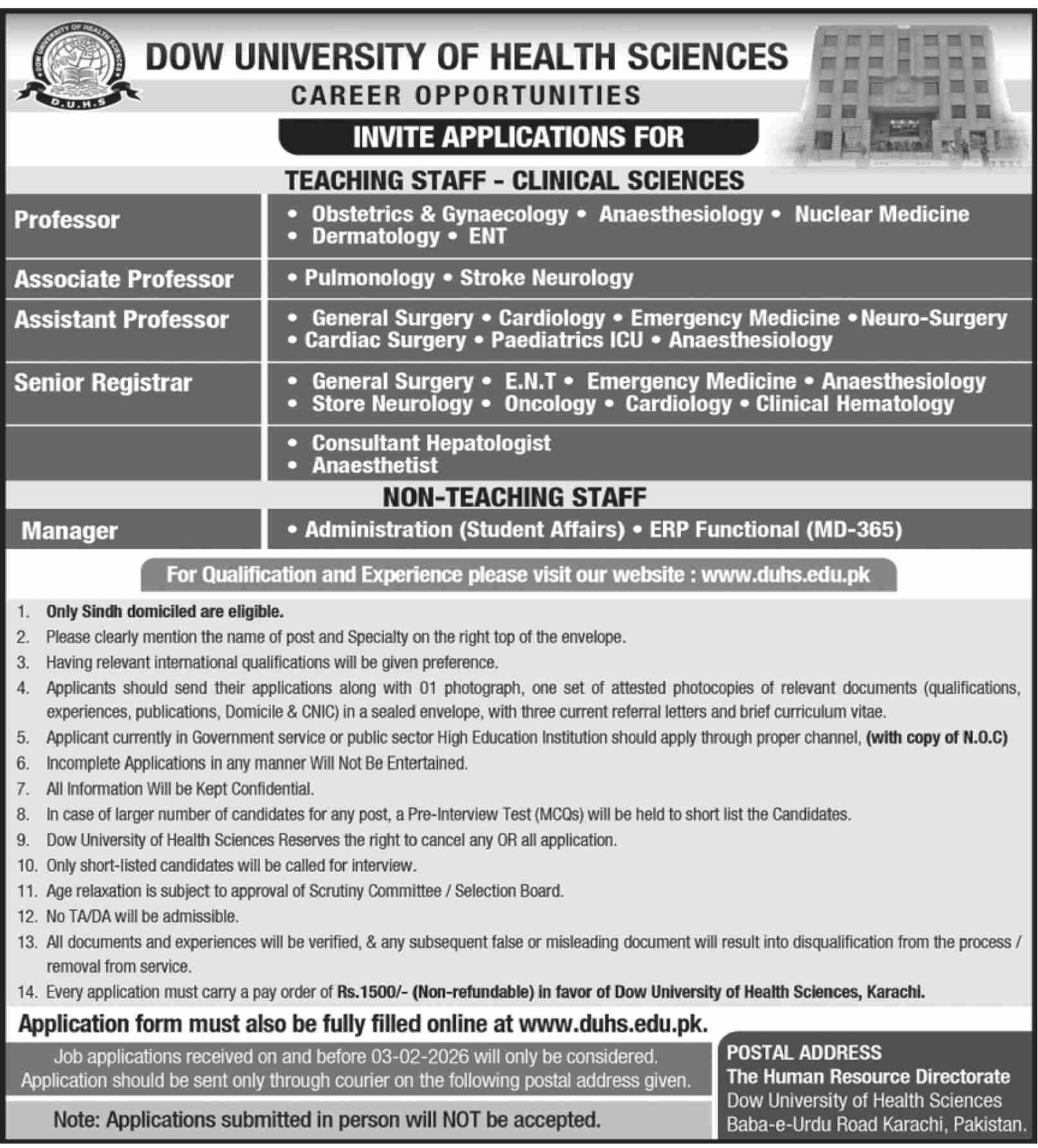 Dow University of Health Sciences (DUHS) Jobs 2026 – Dow University of Health Sciences Karachi Jobs 2026 — original advertisement