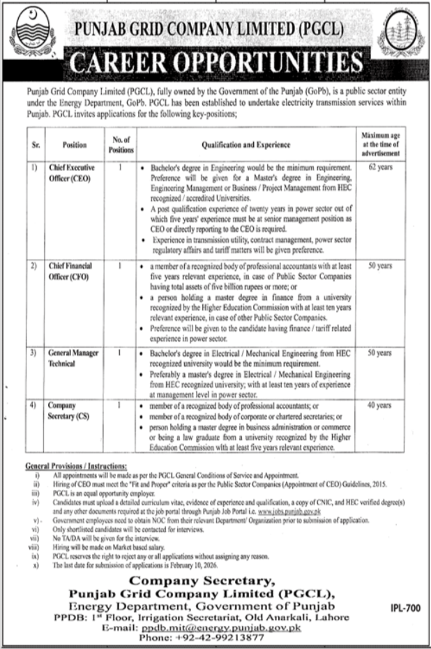 Punjab Grid Company Limited PGCL Lahore Jobs 2026 – Private Company Jobs 2026 — original advertisement