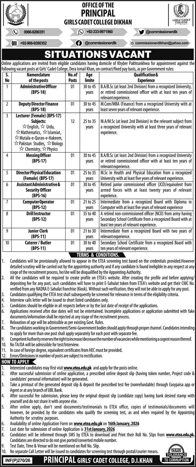 Girls Cadet College Dera Ismail Khan Jobs 2026 Jobs 2026 — original advertisement
