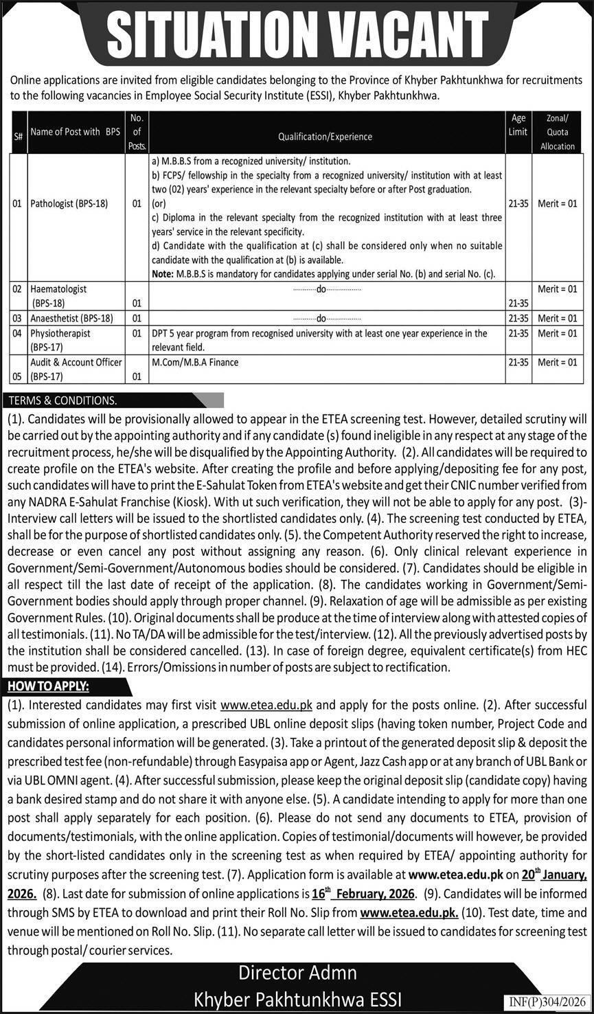 Employees Social Security Institution ESSI KPK Jobs 2026 – Employees Social Security Institution KPK Jobs 2026 — original advertisement