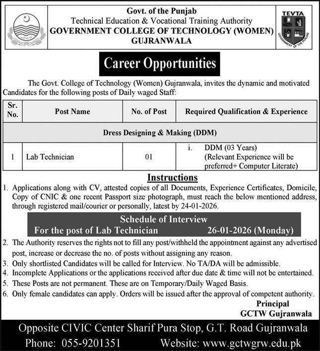 Government College Of Technology Women TEVTA Jobs 2026 – Technical Education & Vocational Training Authority TEVTA Punjab Jobs 2026 — original advertisement