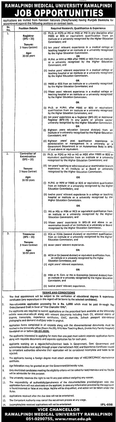 Rawalpindi Medical University RMU Jobs 2026 – Rawalpindi Medical University Punajb Jobs 2026 — original advertisement