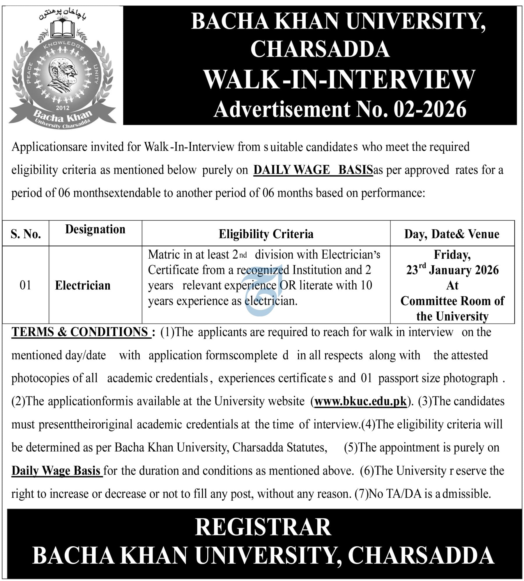 Bacha Khan University Charsadda Jobs 2026 – Bacha Khan University Charsada Jobs 2026 — original advertisement