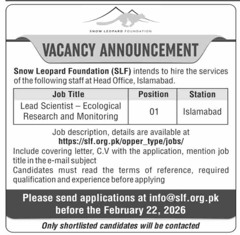 Snow Leopard Foundation SLF Islamabad Job 2026 Jobs 2026 — original advertisement