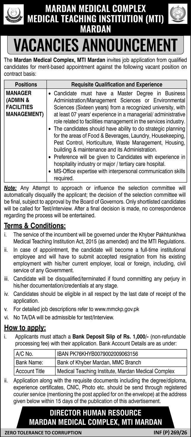 Mardan Medical Complex MMC MTI Jobs 2026 For Manager – Medical Teaching Institute MTI Khyber Teaching Hospital Peshawar Kpk Jobs 2026 — original advertisement