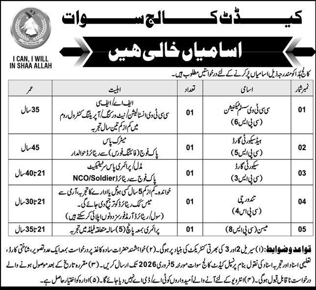 Cadet College Swat Jobs 2026 For Head Security Guard Jobs 2026 — original advertisement