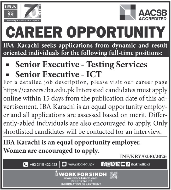 IBA Karachi Jobs 2026 For Senior Executive Testing Services Jobs 2026 — original advertisement