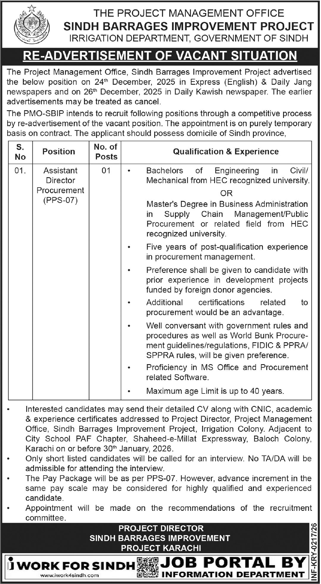 Sindh Barrages Improvement Project SBIP Karachi Jobs 2026 – Public Sector Organization Jobs 2026 — original advertisement
