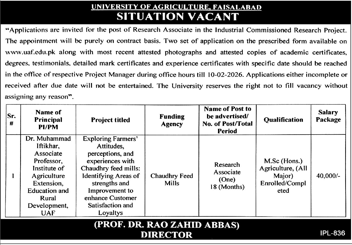 University Of Agriculture UAF Jobs 2026 Research Associate – University Of Faisalabad Jobs 2026 — original advertisement