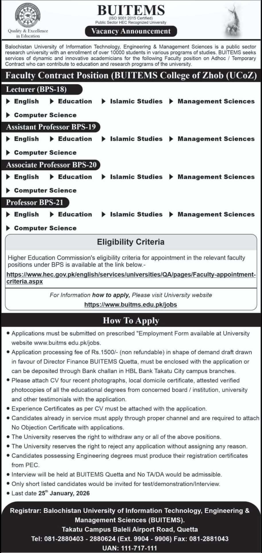 Job Opportunities at BUITEMS University Zhob Campus Job 2026 – Balochistan University of Information Technology & Management Science Quetta Jobs 2026 — original advertisement