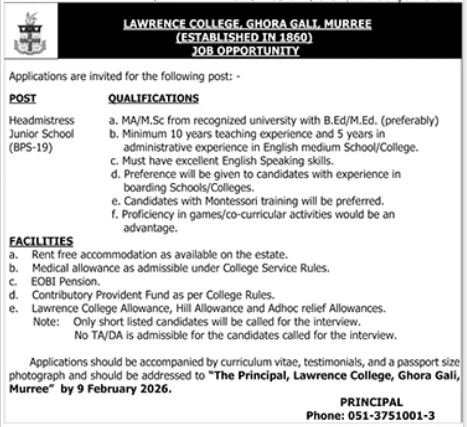 Lawrence College Ghora Gali Murree Jobs 2026 Jobs 2026 — original advertisement