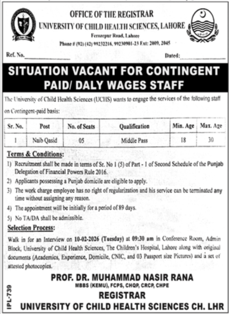 University Of Child Health Sciences Lahore Job 2026 – University of Child Health Sciences, Lahore Jobs 2026 — original advertisement