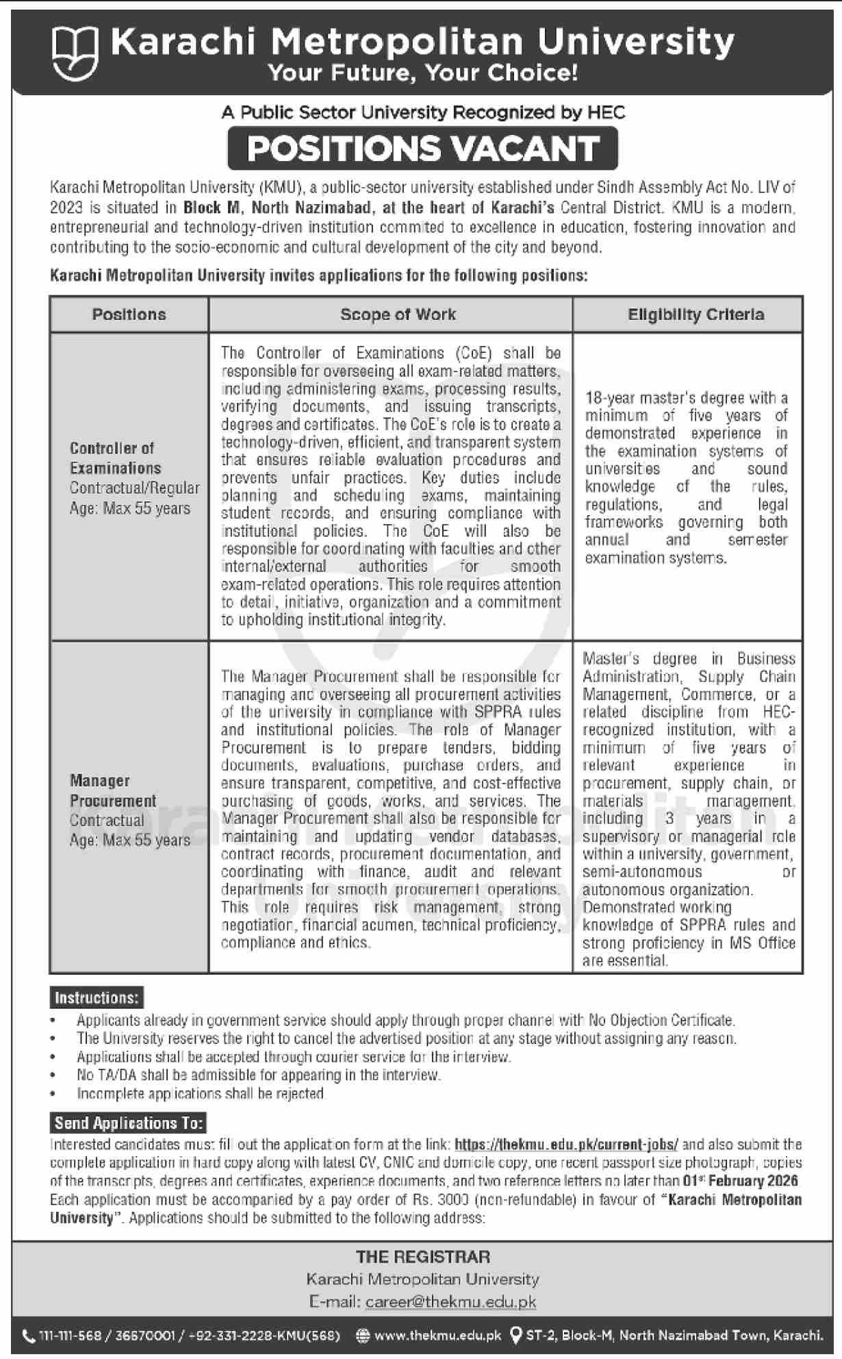 Karachi Metropolitan University Jobs 2026 – Public Sector Organization Jobs 2026 — original advertisement
