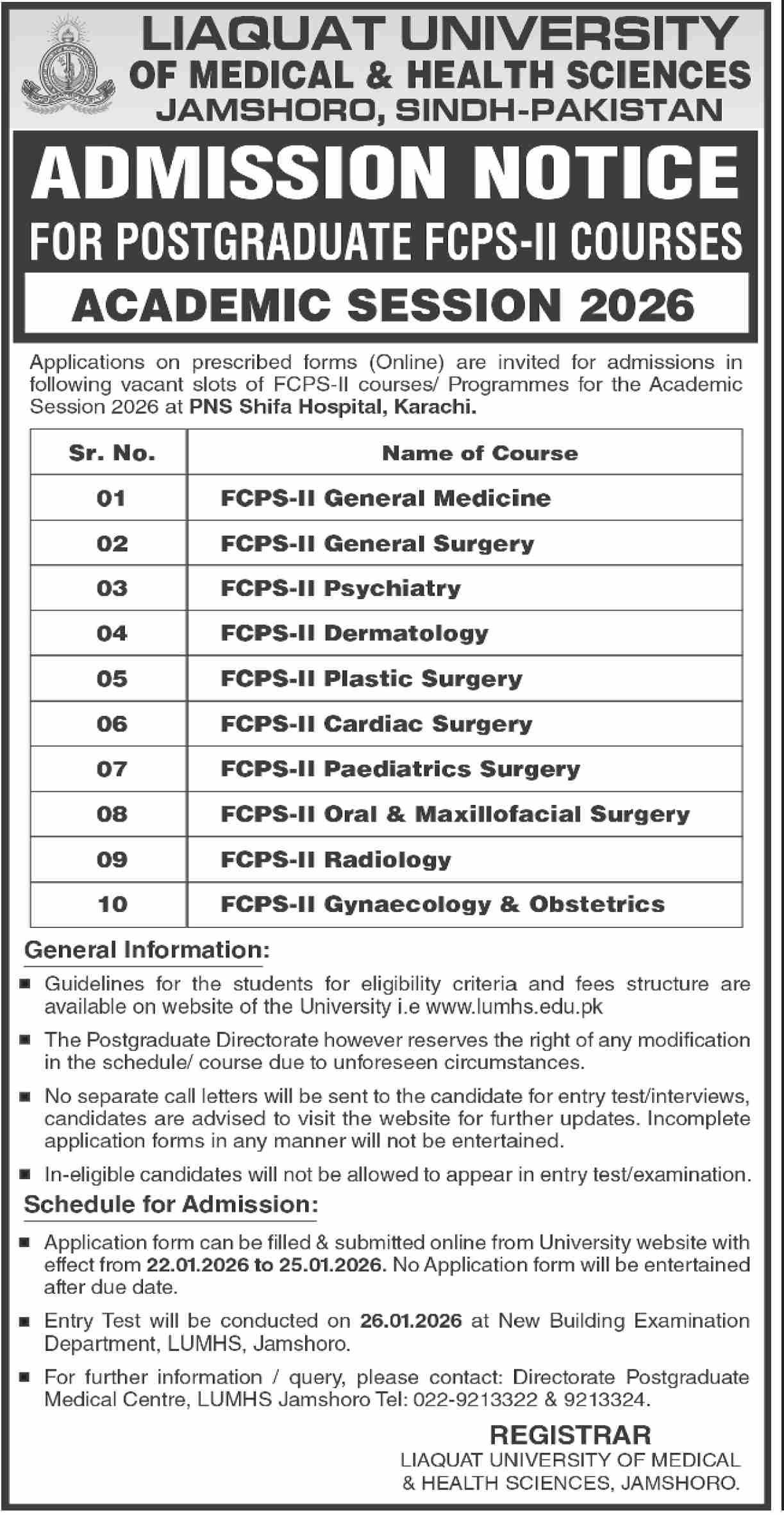 Admission Open in Liaquat University of Medical and Health – Liaquat University of Medical & Health Sciences (LUMHS) Jamshoro Admissions 2026 — original advertisement