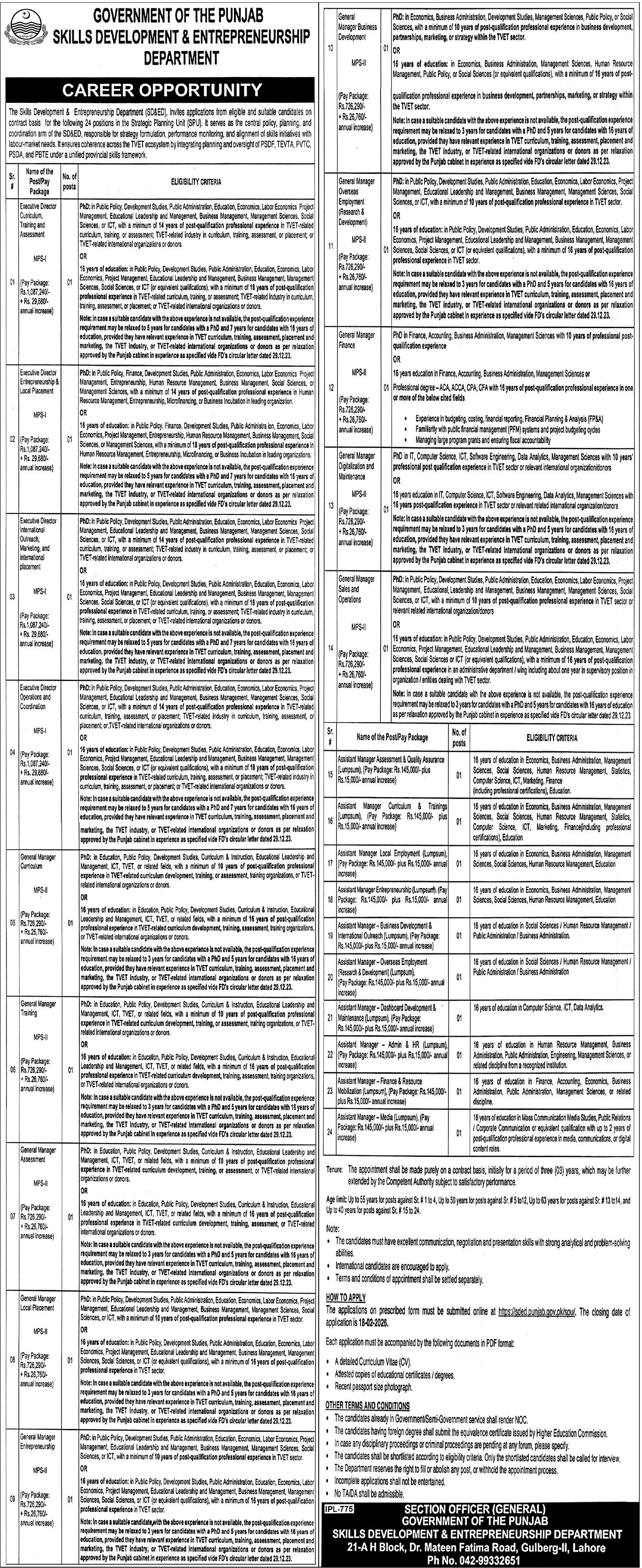 Skills Development & Enterpreneurship Department Lahore Jobs – Punjab Skills Development Fund Jobs 2026 — original advertisement