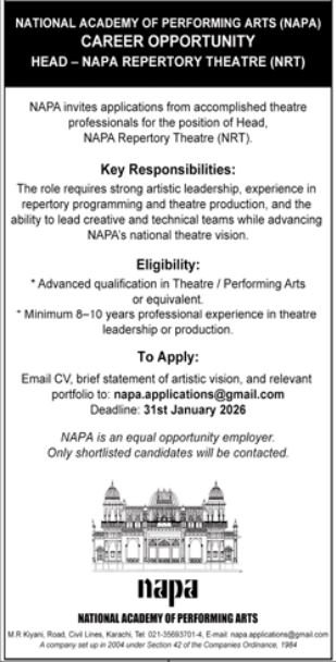 National Academy Of Performing Arts NAPA Karachi Jobs 2026 – National Academy Of Performing Art NAPA Jobs 2026 — original advertisement