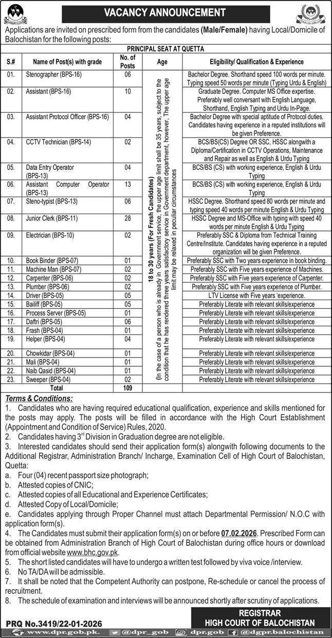 High Court Of Balochistan Jobs 2026 For Stenographer – Balochistan High Court Jobs 2026 — original advertisement