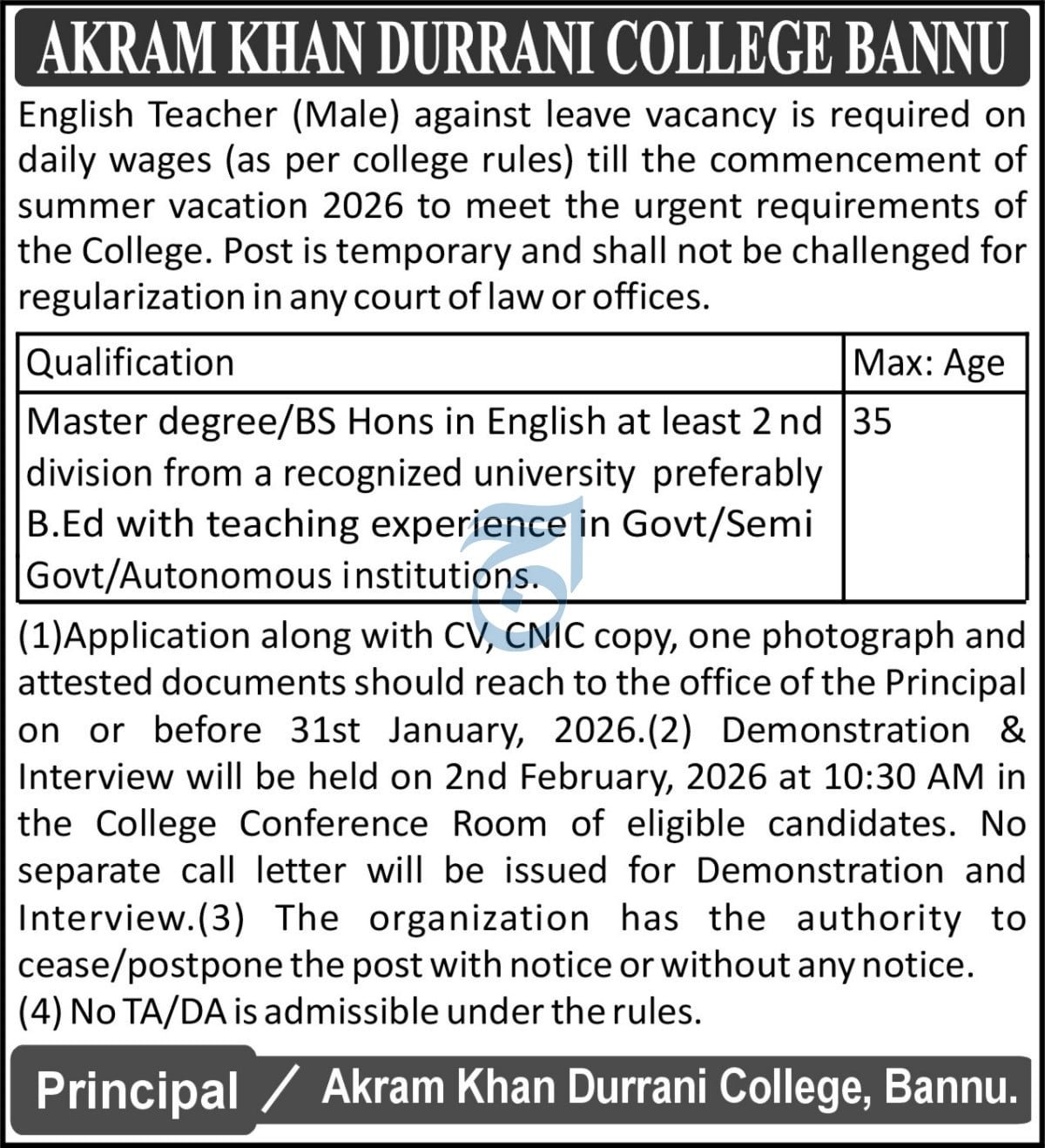 Akram Khan Durrani College Bannu Job 2026 – Akram Kuan Durrani College Jobs 2026 — original advertisement