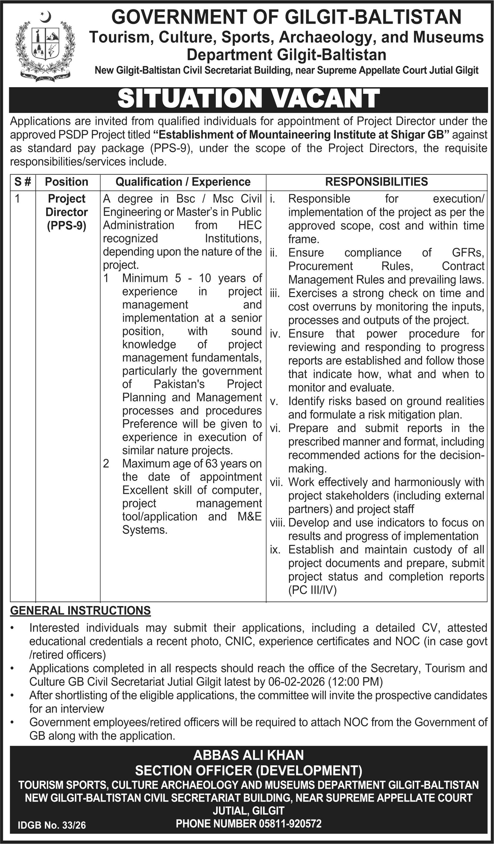 Tourism Archaeology & Museum Department Gilgit Jobs 2026 – Government of Gilgit-Baltistan Jobs 2026 — original advertisement