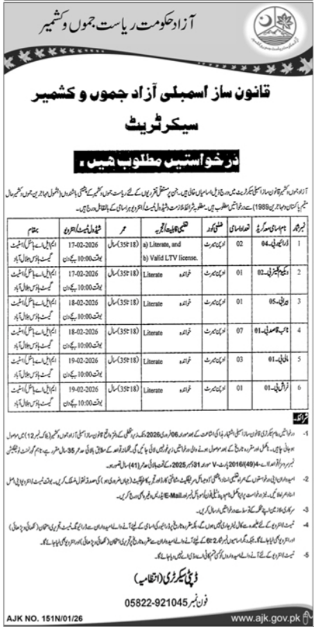 AJK Legislative Assembly Muzaffarabad Jobs 2026 – Govt of Azad Kashmir Jobs 2026 — original advertisement