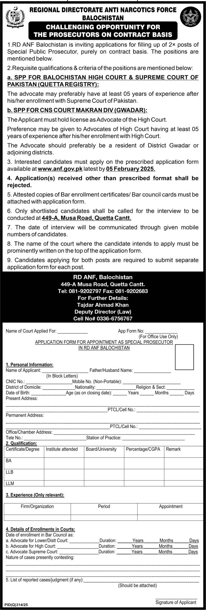 Anti Narcotics Force ANF Quetta Jobs 2026 For Prosecutor – Anti Narcotics Force Pakistan Jobs 2026 — original advertisement