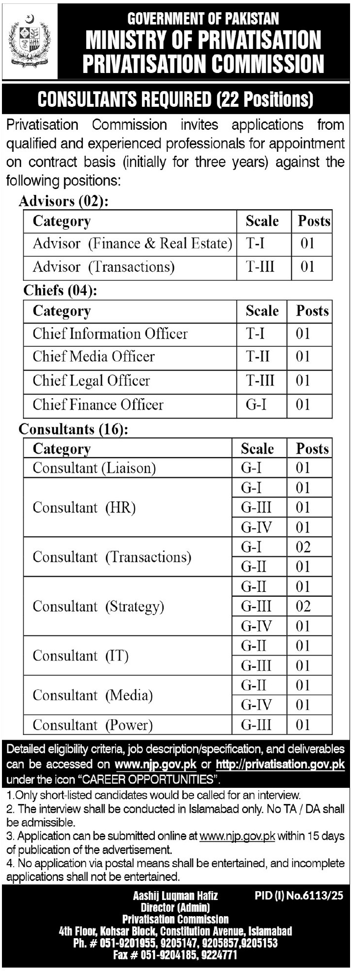 Privatisation Commission PC Islamabad Jobs 2026 – Ministry of Privatization Pakistan Jobs 2026 — original advertisement