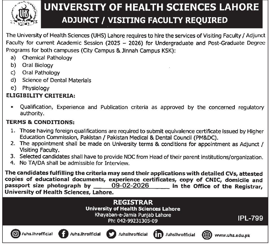 University Of Health Sciences UHS Lahore Jobs 2026 – University of Health Sciences Lahore Jobs 2026 — original advertisement